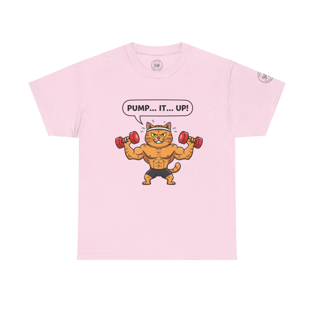 Pink T-shirt by S&amp;W Gallus featuring a muscular cartoon cat lifting weights with a "pump it up" speech bubble.