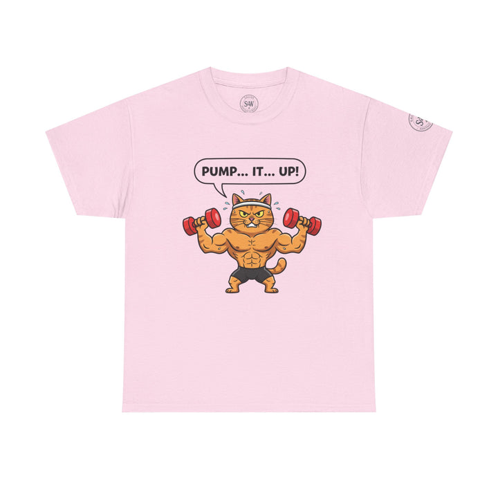 Pink T-shirt by S&amp;W Gallus featuring a muscular cartoon cat lifting weights with a "pump it up" speech bubble.