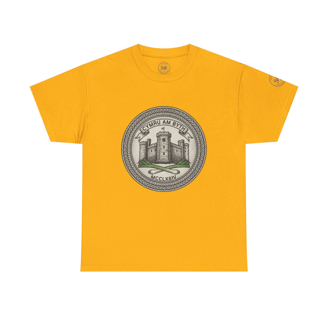 Gold T-shirt by S&amp;W Gallus, featuring a central Welsh crest graphic, in a studio shot.
