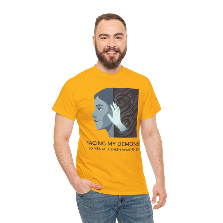 Yellow t-shirt by Veteran owned, featuring a mental health awareness design, worn with jeans.