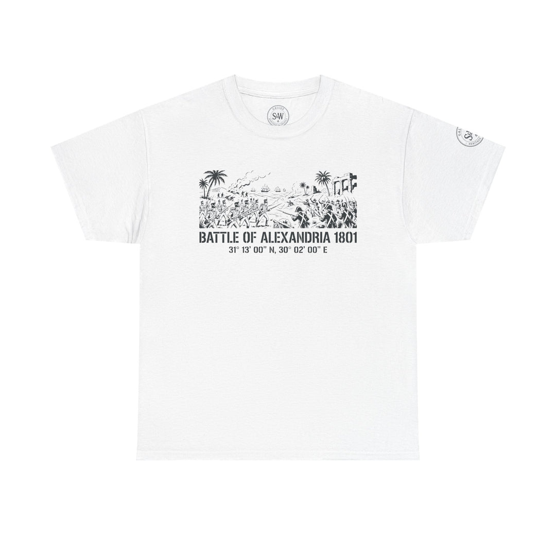 White Battle of Alexandria 1801 t-shirt by S&amp;W Gallus with a historic naval battle graphic.