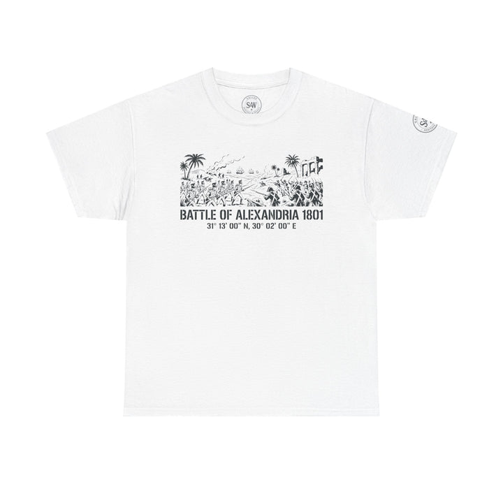 White Battle of Alexandria 1801 t-shirt by S&amp;W Gallus with a historic naval battle graphic.
