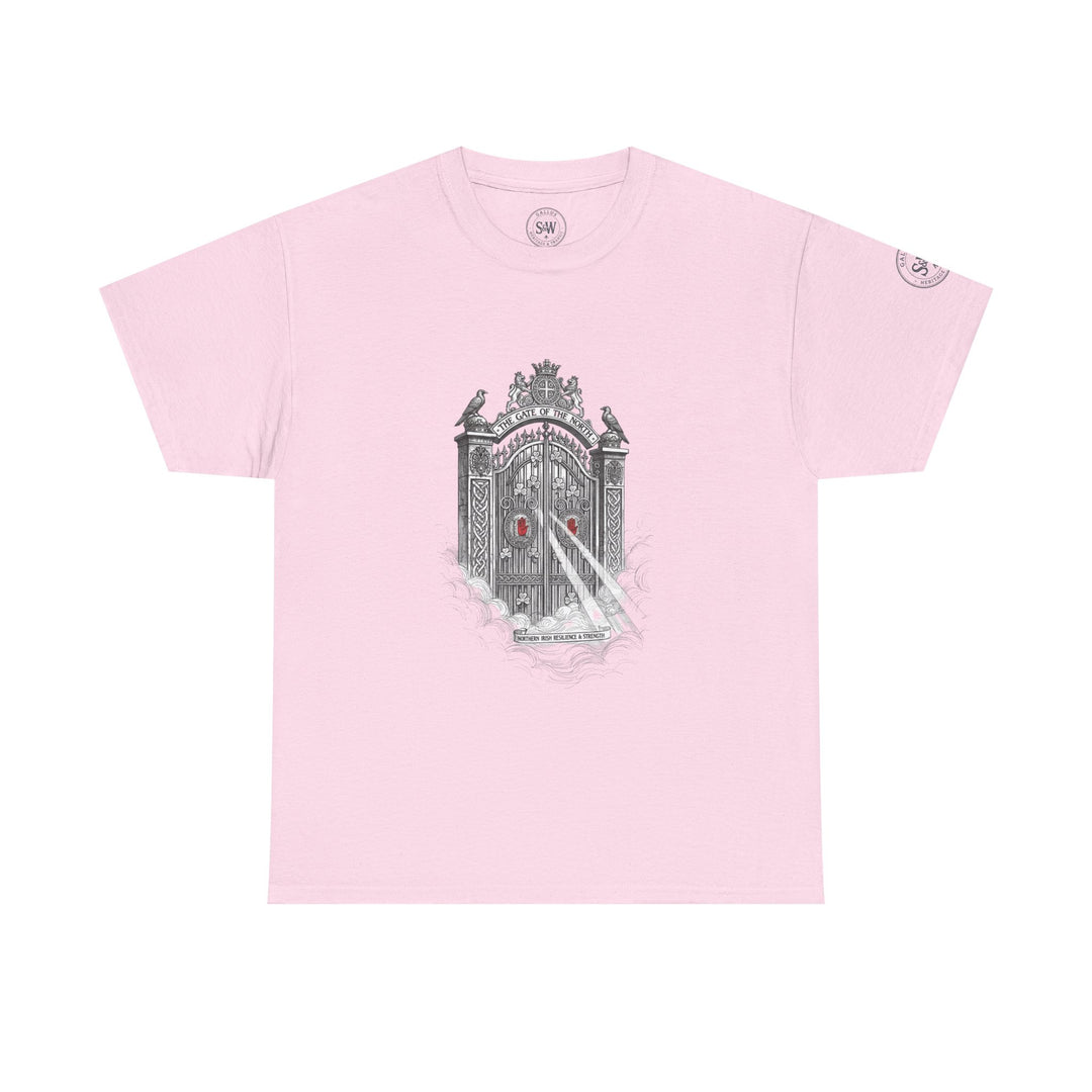 Pink graphic tee by S&amp;W Gallus featuring the "Gate of the North" design, with birds, clovers, and clouds.