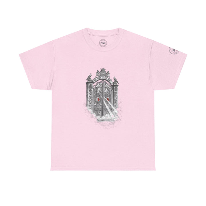 Pink graphic tee by S&amp;W Gallus featuring the "Gate of the North" design, with birds, clovers, and clouds.
