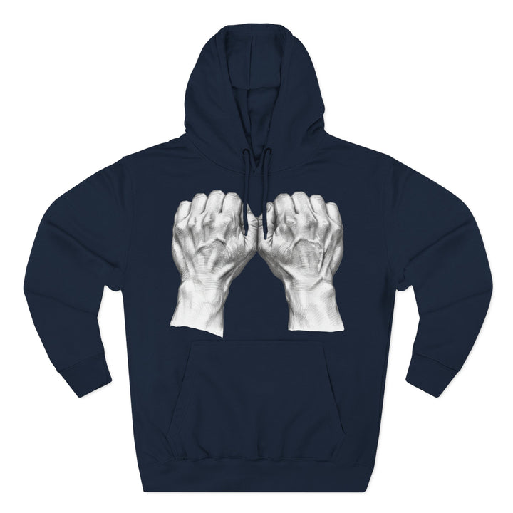 Navy blue hoodie by S&amp;W Gallus with a vintage fist graphic print on the chest.