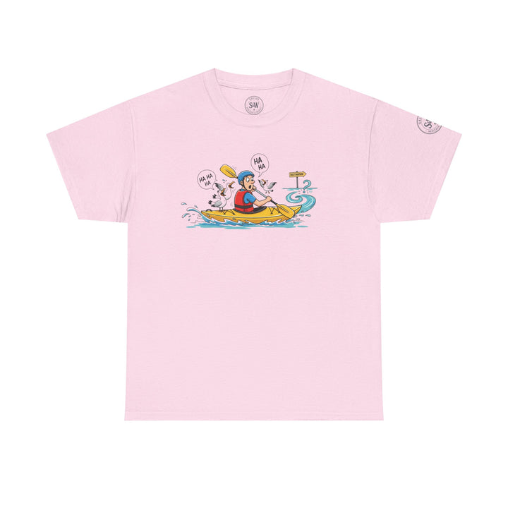 Pink t-shirt by S&amp;W Gallus featuring a cartoon graphic of a kayaker being mocked by seagulls.
