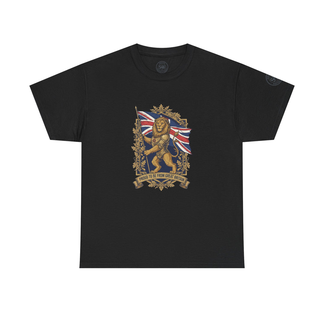 Black T-shirt by S&amp;W Gallus, featuring a lion crest graphic with the Union Jack flag and decorative floral elements.