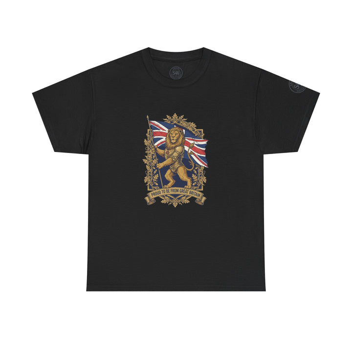 Black T-shirt by S&amp;W Gallus, featuring a lion crest graphic with the Union Jack flag and decorative floral elements.