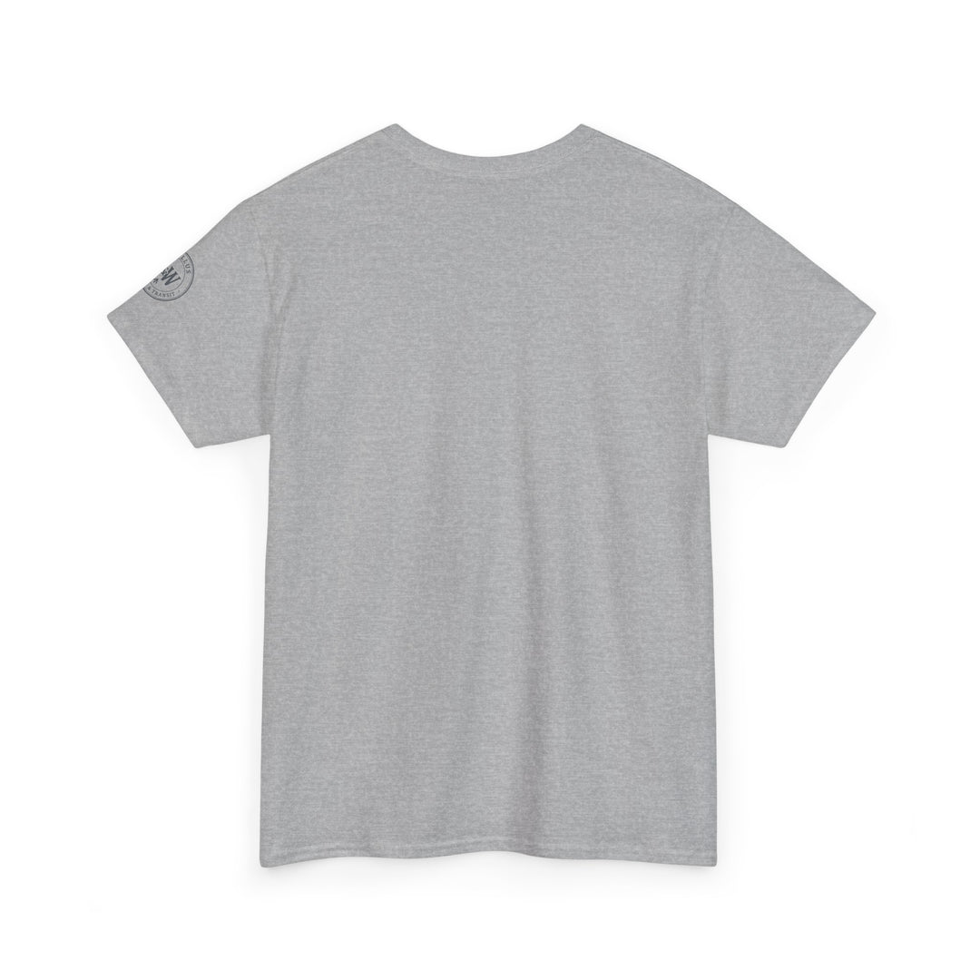 Heather gray t-shirt by S&amp;W Gallus with logo graphic on the sleeve, against a white background.