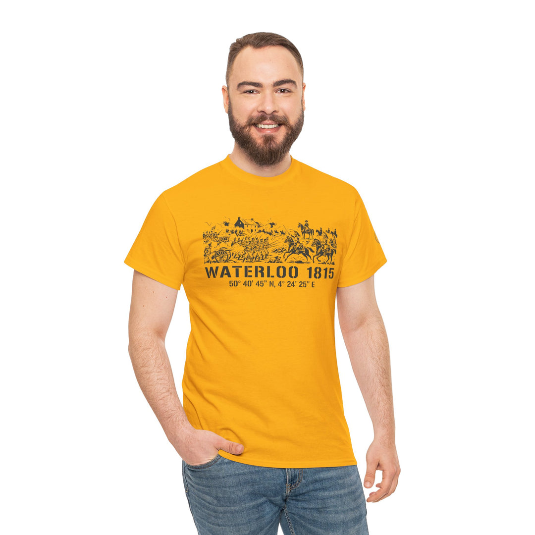 Mustard-yellow T-shirt with a Waterloo 1815 graphic by S&amp;W Gallus, shown on a model wearing jeans.