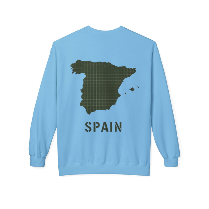 Spain Map Crewneck Sweatshirt — Military Green Grid Spain Graphic