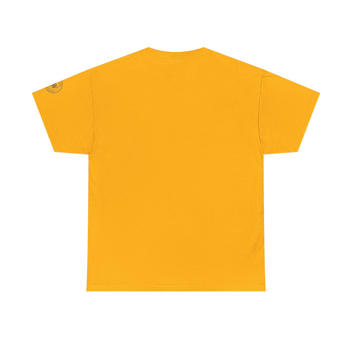Gold t-shirt by S&amp;W Gallus with short sleeves, crew neck, and blank space on the front.