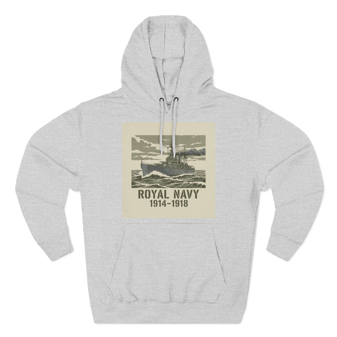 Gray hoodie by S&amp;W Gallus with a vintage Royal Navy ship graphic on the front.