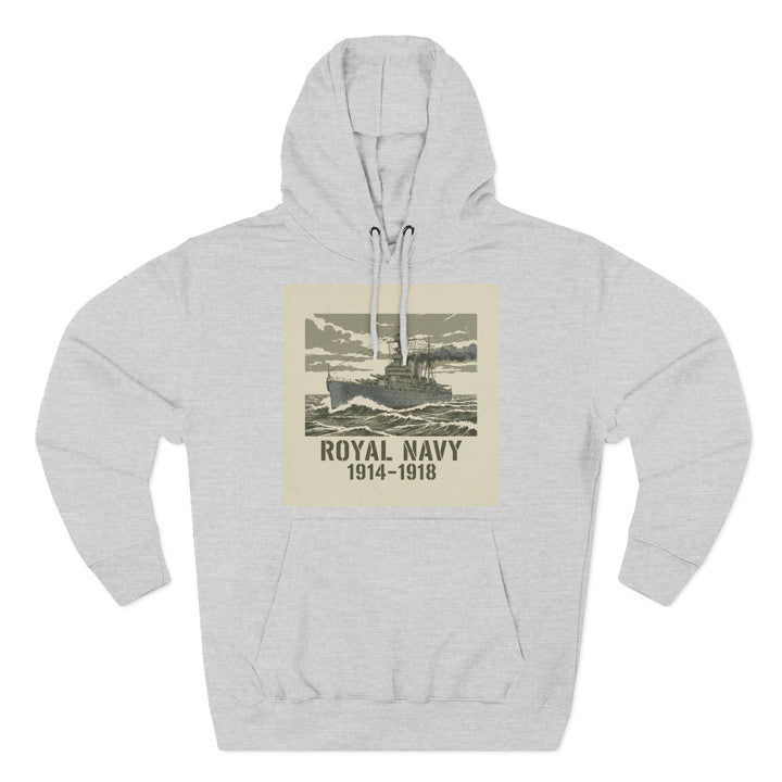 Gray hoodie by S&amp;W Gallus with a vintage Royal Navy ship graphic on the front.