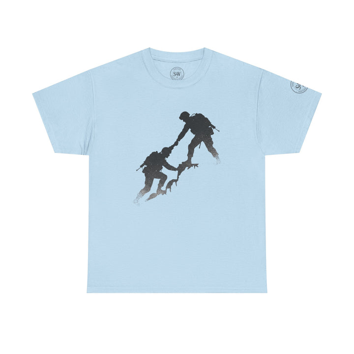Light blue t-shirt by S&amp;W Gallus featuring a military-themed graphic of two soldiers assisting each other.