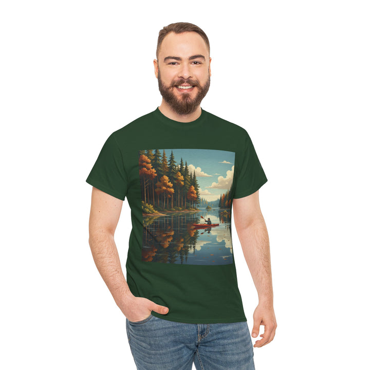 Green T-shirt with lake graphic by S&amp;W Gallus, featuring a man paddling a canoe, with blue jeans.