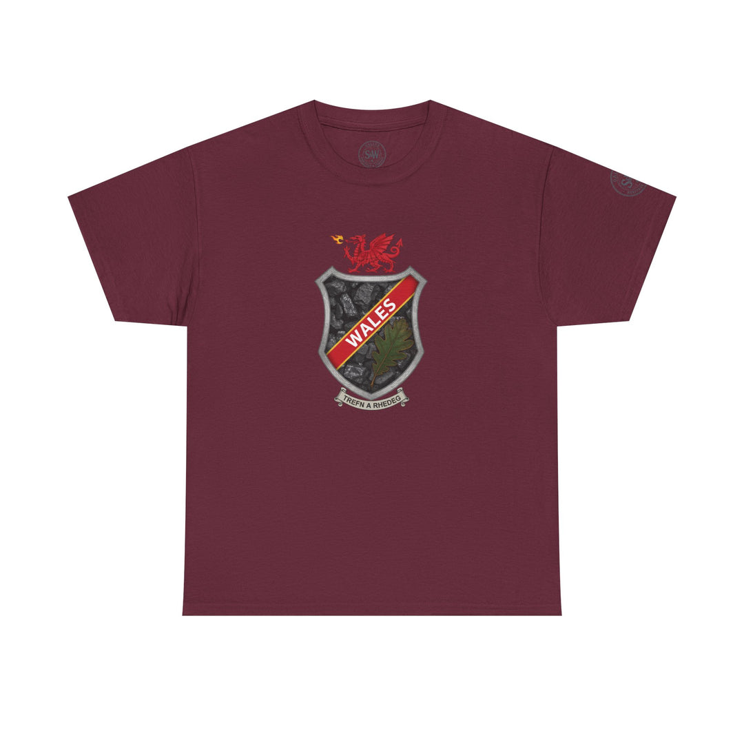 Burgundy T-shirt by S&amp;W Gallus with shield crest design in center featuring Welsh dragon and coal pattern.
