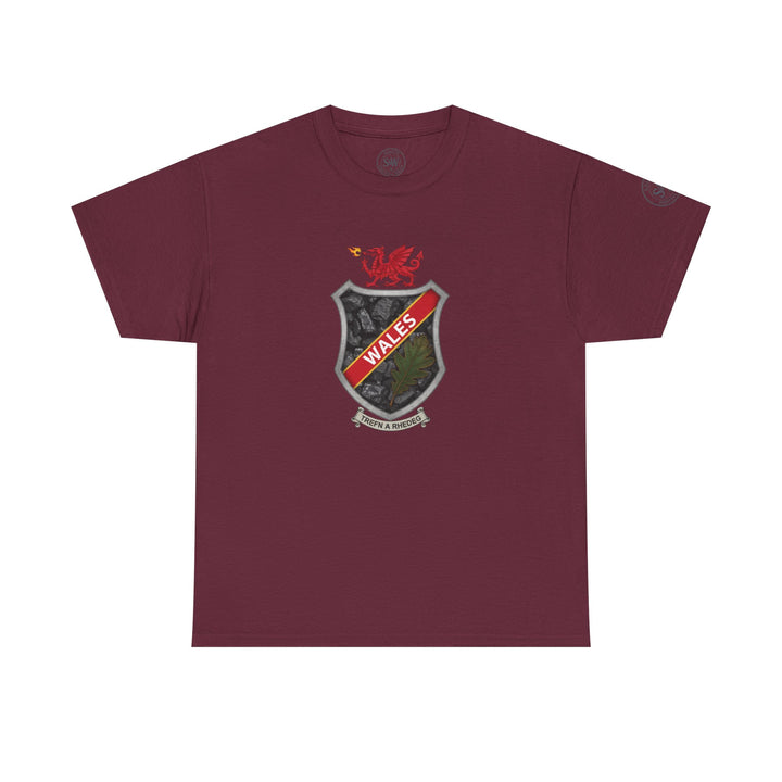 Burgundy T-shirt by S&amp;W Gallus with shield crest design in center featuring Welsh dragon and coal pattern.