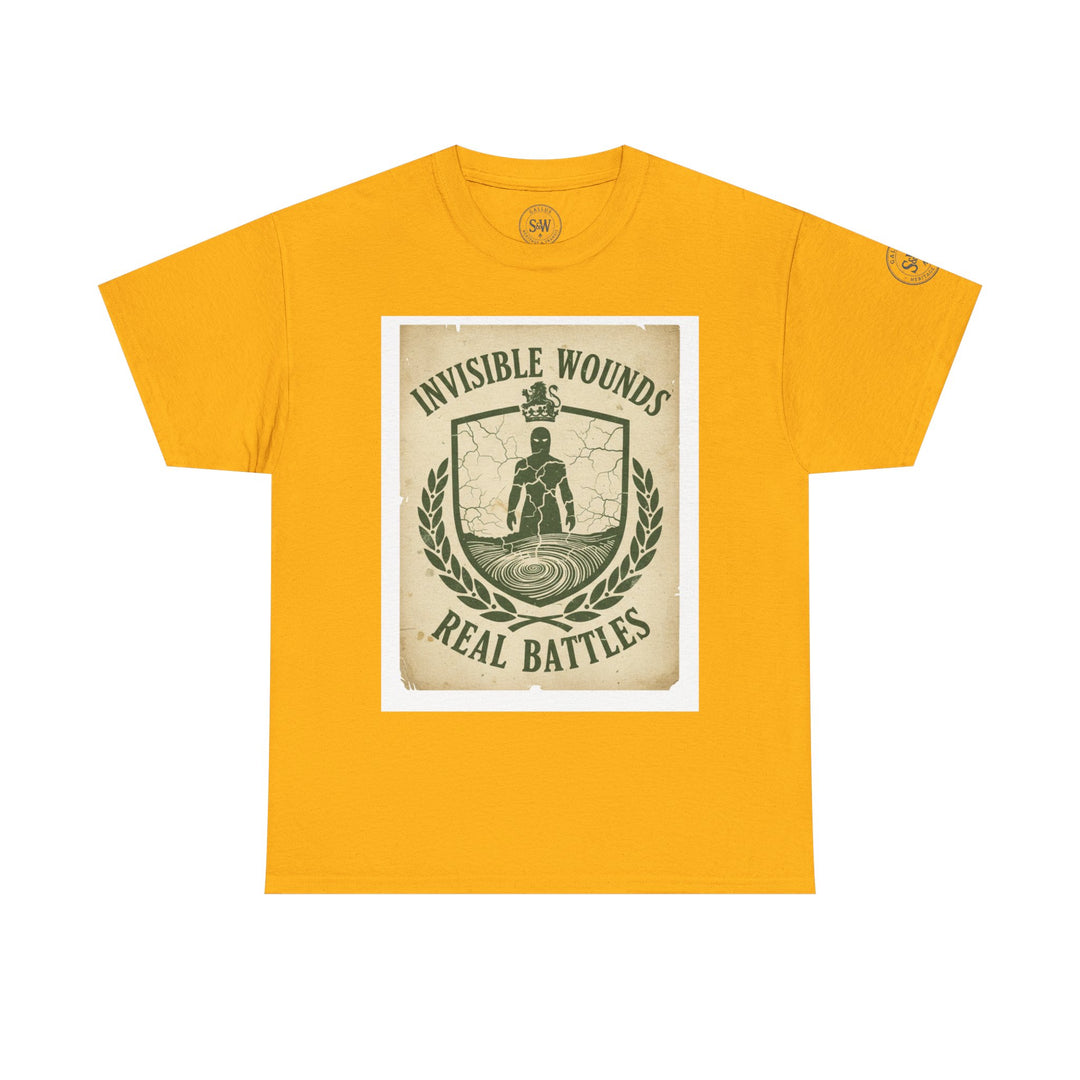 Golden yellow t-shirt by S&amp;W Gallus, featuring a shield graphic with the words "Invisible Wounds" and "Real Battles."