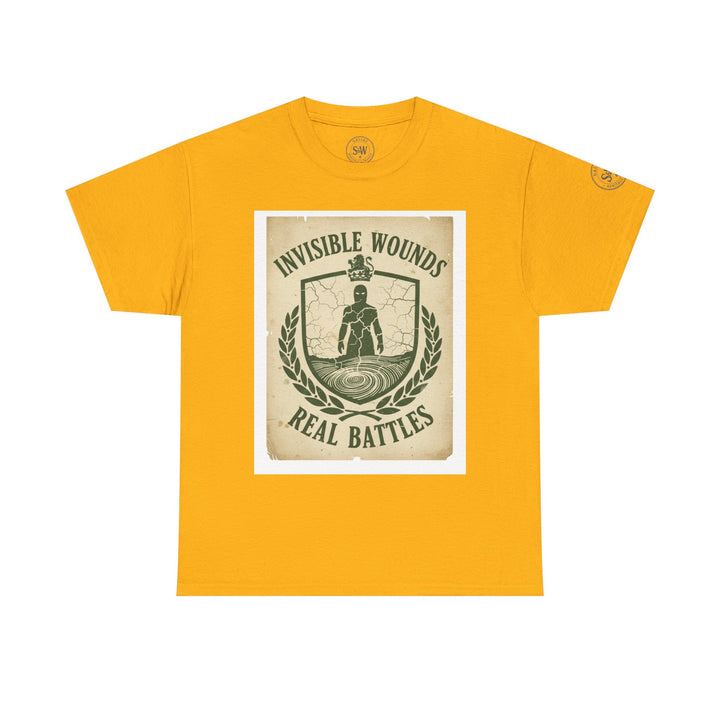 Golden yellow t-shirt by S&amp;W Gallus, featuring a shield graphic with the words "Invisible Wounds" and "Real Battles."