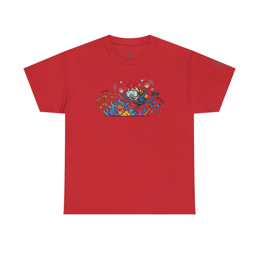 Red Diver Coral Reef T-Shirt by S&amp;W Gallus, featuring a cartoon scuba diver with coral and sea life.