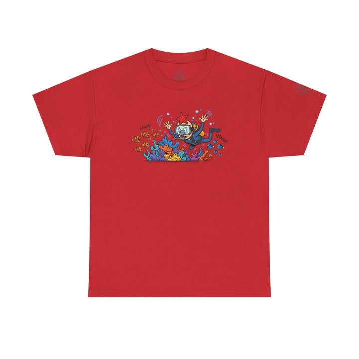 Red Diver Coral Reef T-Shirt by S&amp;W Gallus, featuring a cartoon scuba diver with coral and sea life.