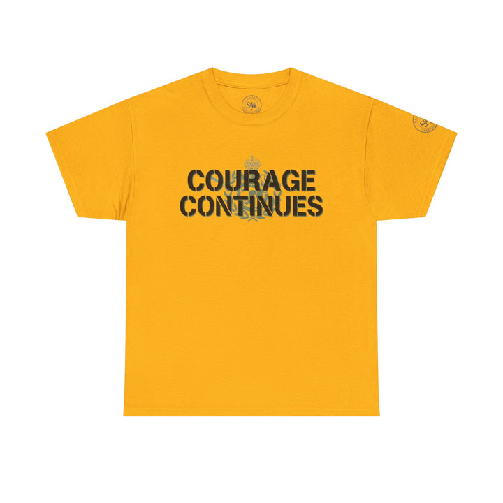 Gold t-shirt by S&amp;W Gallus with the words "Courage Continues" and a military crest printed on the front.