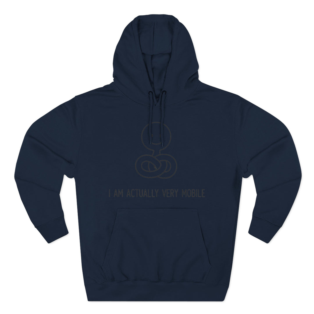 Navy blue hoodie by S&amp;W Gallus with a graphic design and the phrase "I am actually very mobile."