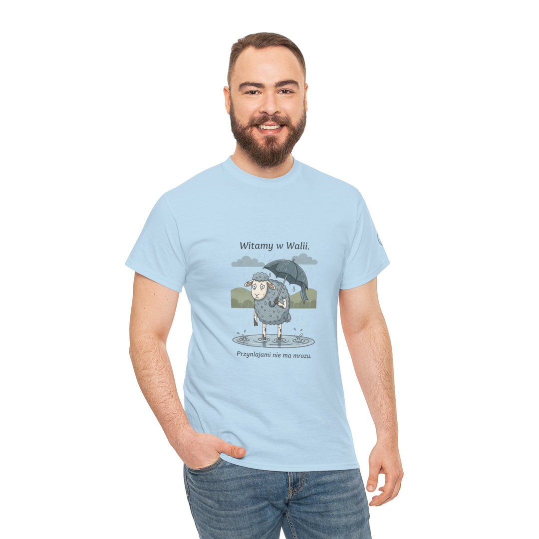 Light blue t-shirt from S&amp;W Gallus, featuring a cute rainy day graphic with a sheep and "Witamy w Walii" text, worn with jeans.