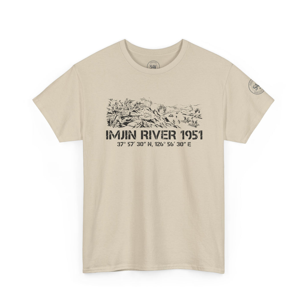 Beige graphic tee by S&amp;W Gallus featuring "Imjin River 1951" text and a vintage-style illustration.