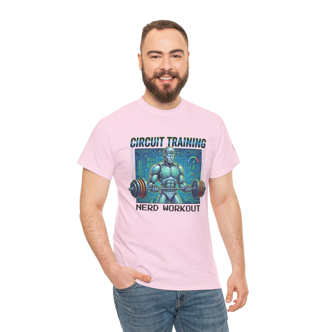 Pink T-shirt by Veteran owned, featuring a robot lifting weights, with blue jeans.