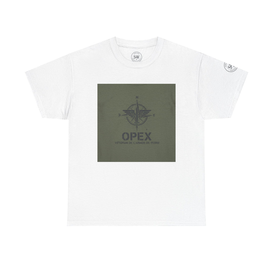 White OPEX T-shirt by S&amp;W Gallus featuring a military-themed design and lettering.