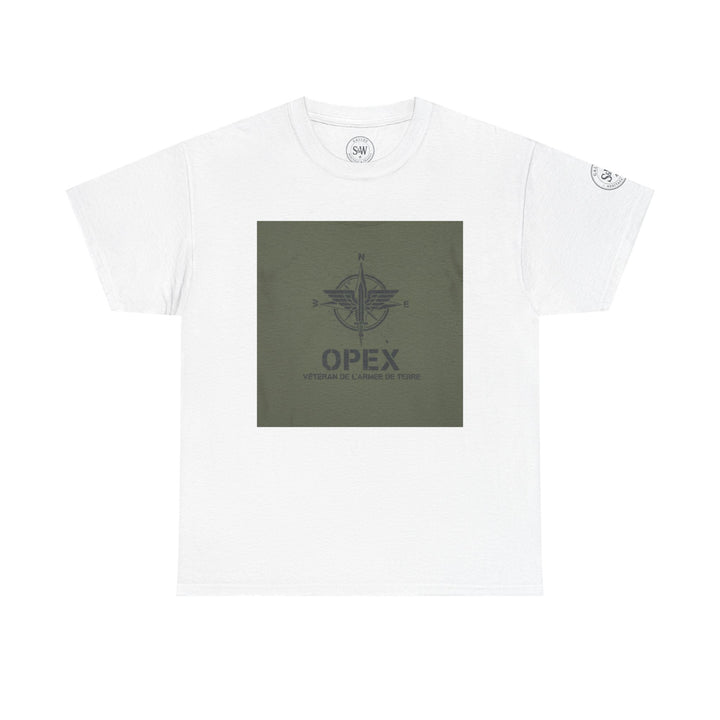 White OPEX T-shirt by S&amp;W Gallus featuring a military-themed design and lettering.