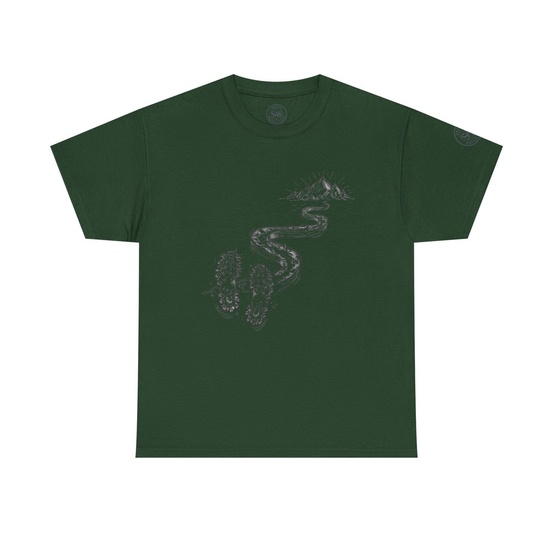 Green t-shirt by S&amp;W Gallus featuring a trail design with footprints leading to a mountain peak.