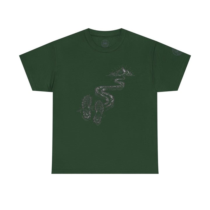 Green t-shirt by S&amp;W Gallus featuring a trail design with footprints leading to a mountain peak.