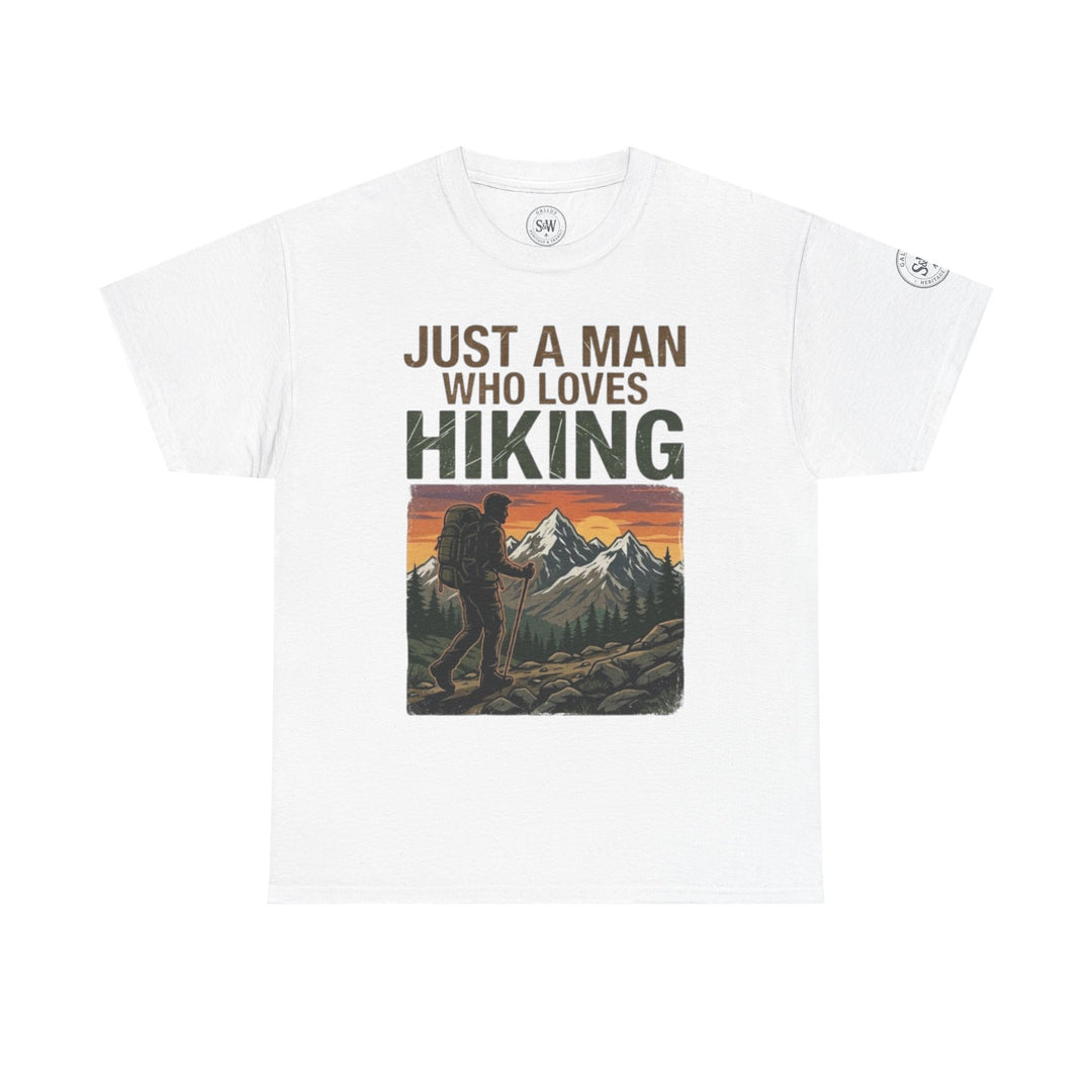 White graphic T-shirt with hiking design by Veteran owned, featuring a mountain range and hiker graphic.
