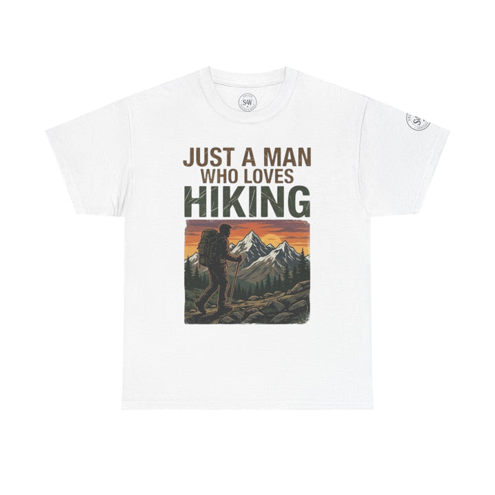 White graphic T-shirt with hiking design by Veteran owned, featuring a mountain range and hiker graphic.