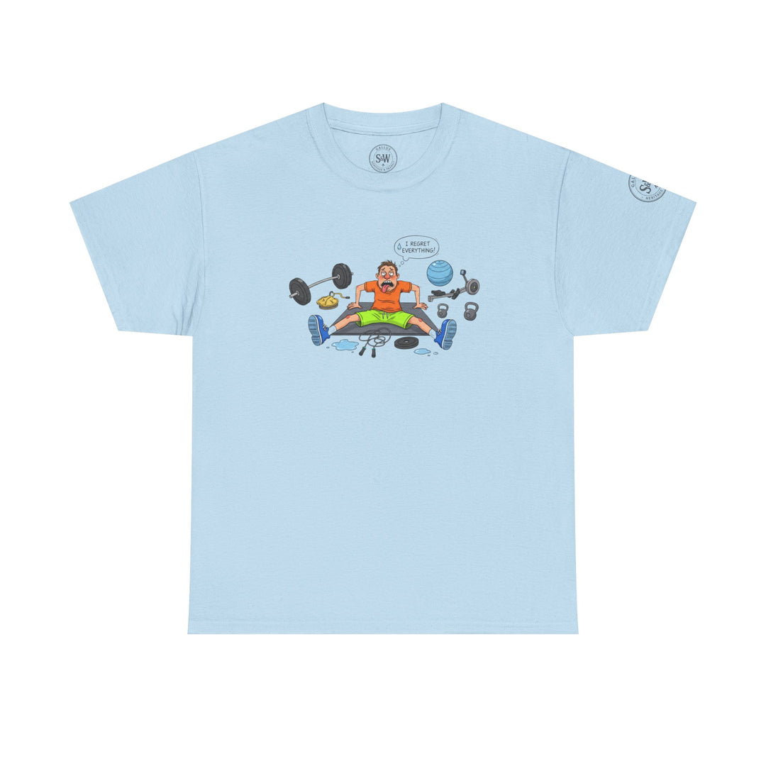 Light blue t-shirt with a cartoon graphic by S&amp;W Gallus, featuring a person surrounded by gym equipment.