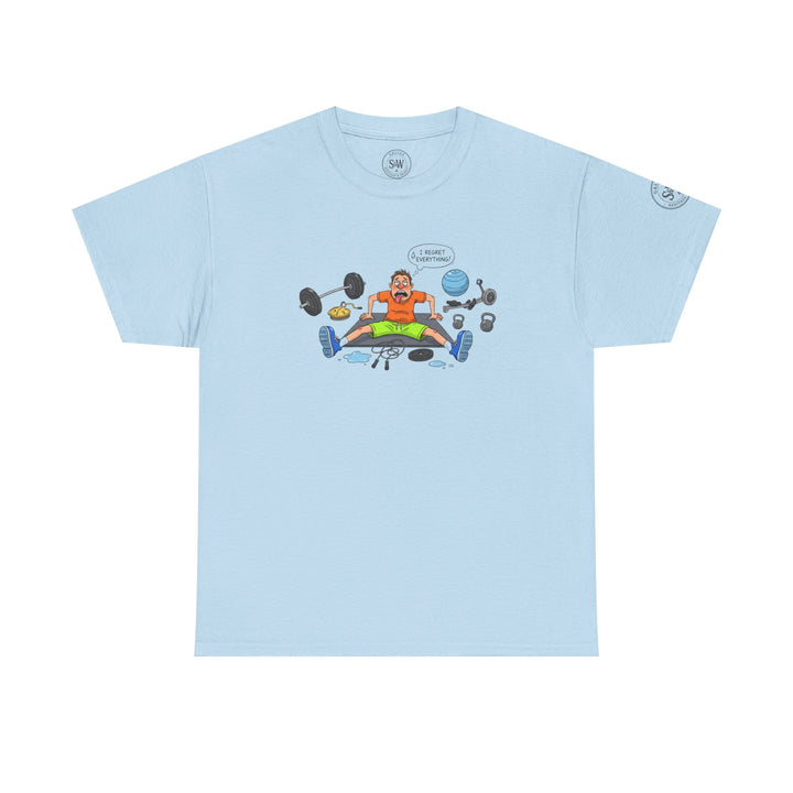 Light blue t-shirt with a cartoon graphic by S&amp;W Gallus, featuring a person surrounded by gym equipment.