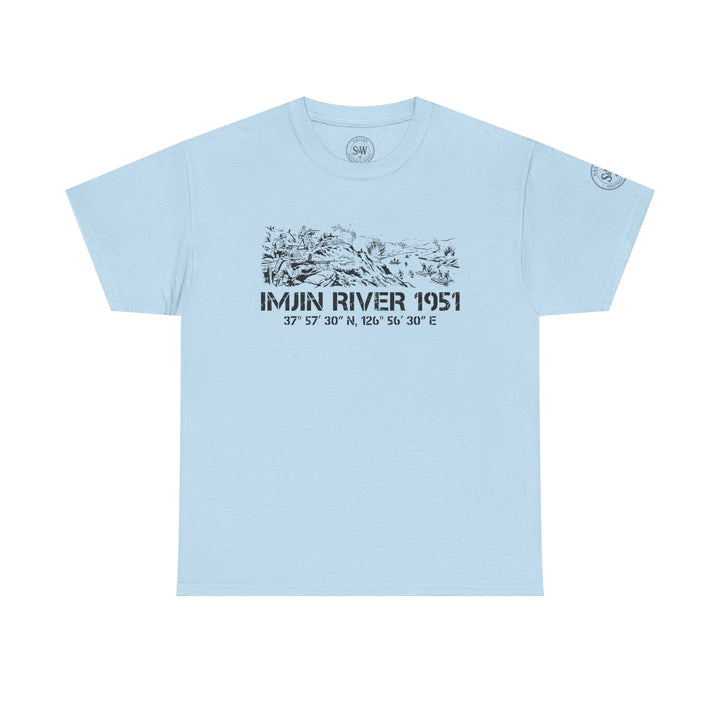 Light blue t-shirt by S&amp;W Gallus, featuring a black and white graphic print of the Imjin River battle scene.
