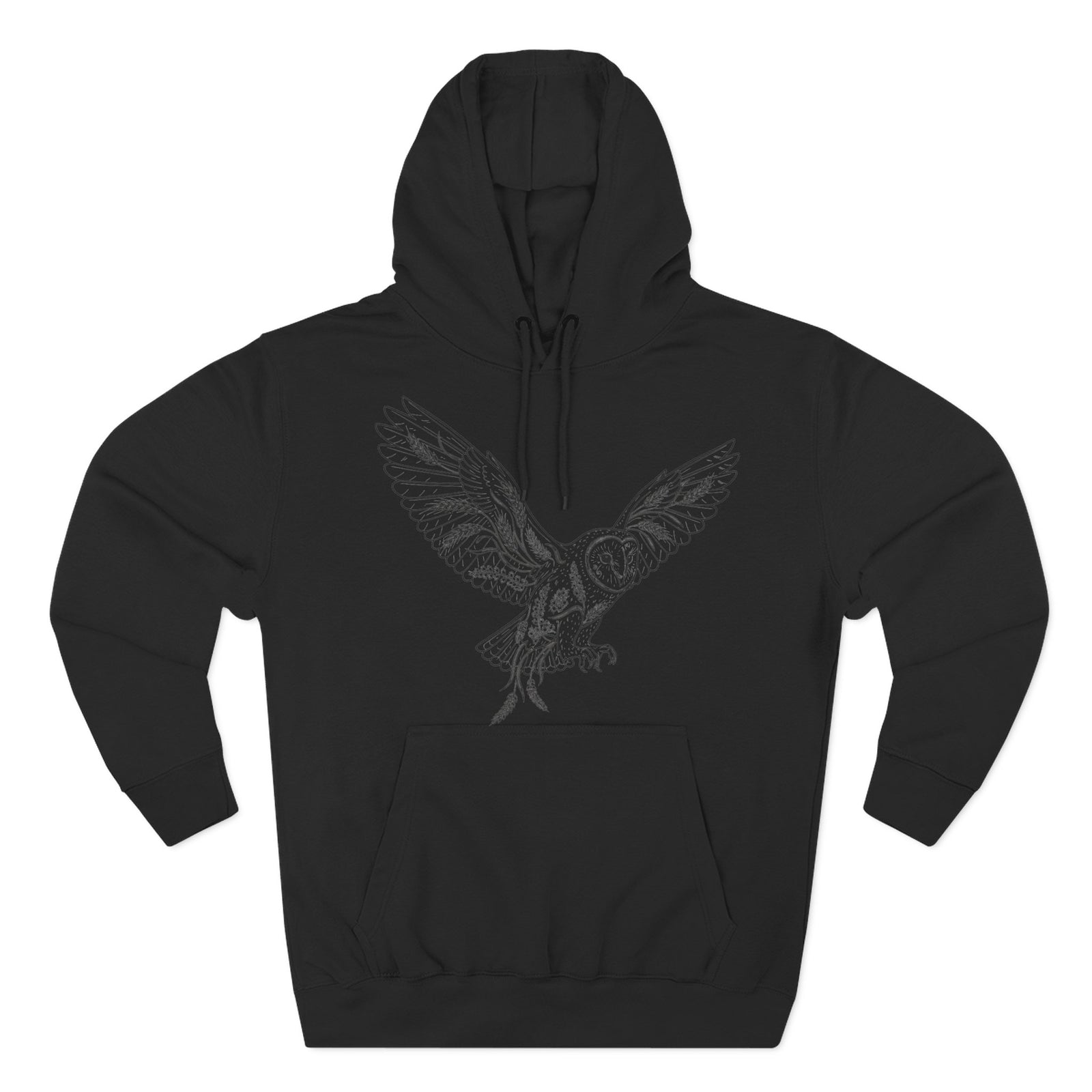 Black hoodie by S&W Gallus with an intricate barn owl illustration on the front.