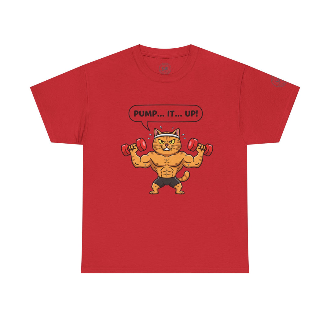 Red t-shirt by S&amp;W Gallus with a cartoon image of a muscular cat lifting weights.