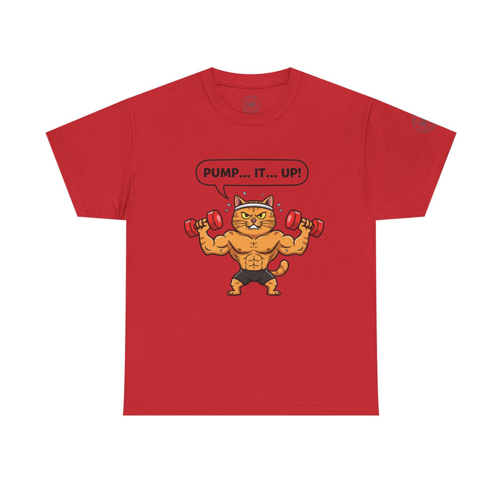Red t-shirt by S&amp;W Gallus with a cartoon image of a muscular cat lifting weights.