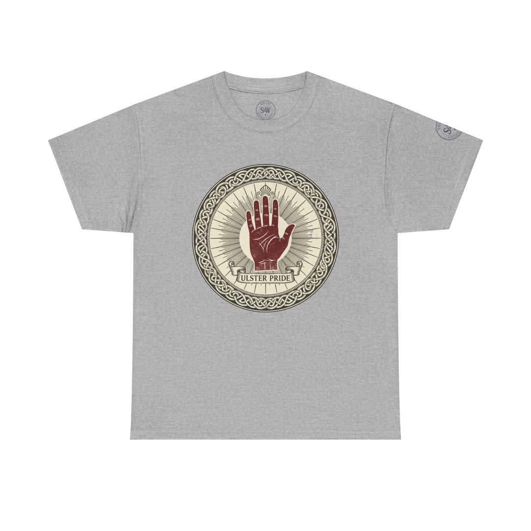 Gray t-shirt by S&amp;W Gallus with a circular Ulster Pride emblem featuring a red hand and Celtic knot details.