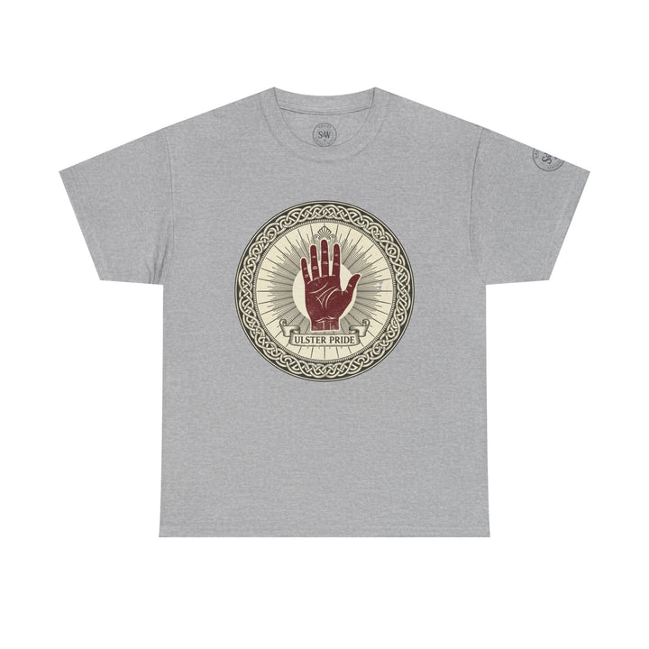 Gray t-shirt by S&amp;W Gallus with a circular Ulster Pride emblem featuring a red hand and Celtic knot details.