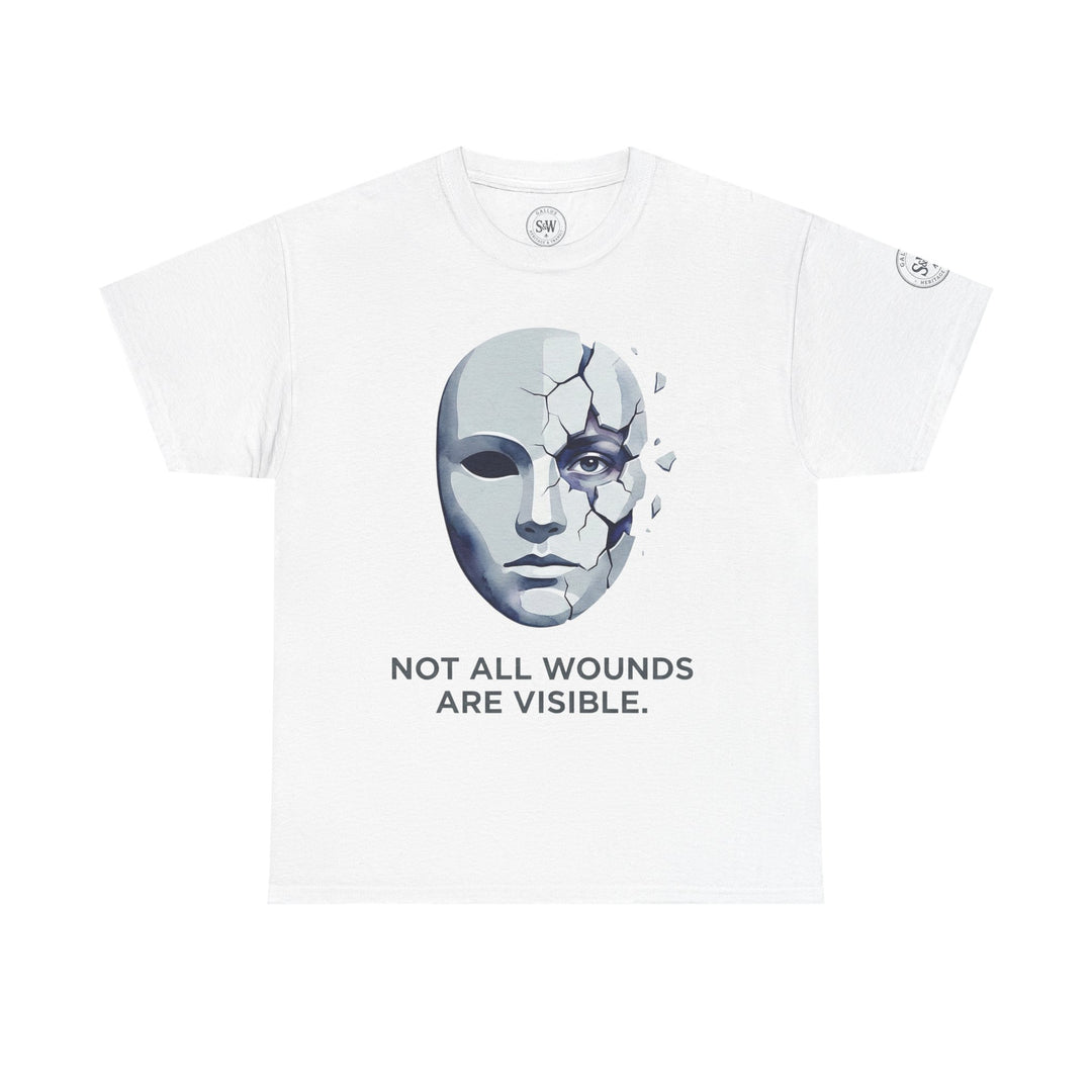 White t-shirt with "Not All Wounds Are Visible" graphic by Veteran owned, featuring a cracked mask design.