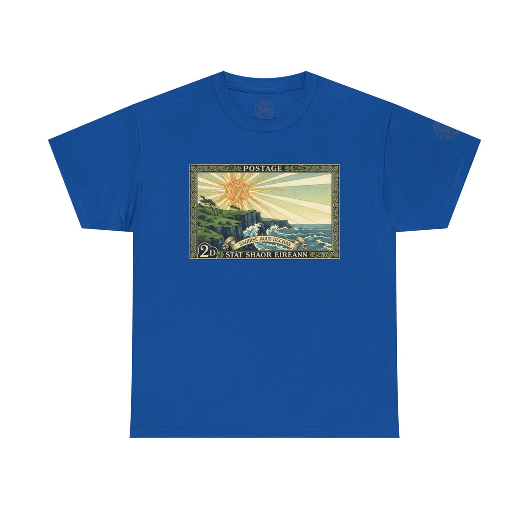 Blue t-shirt by S&amp;W Gallus featuring a vintage Irish postage stamp design.