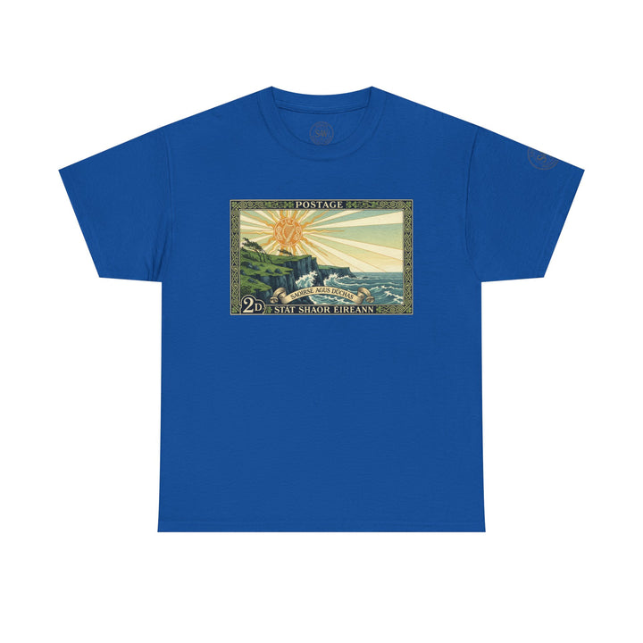 Blue t-shirt by S&amp;W Gallus featuring a vintage Irish postage stamp design.