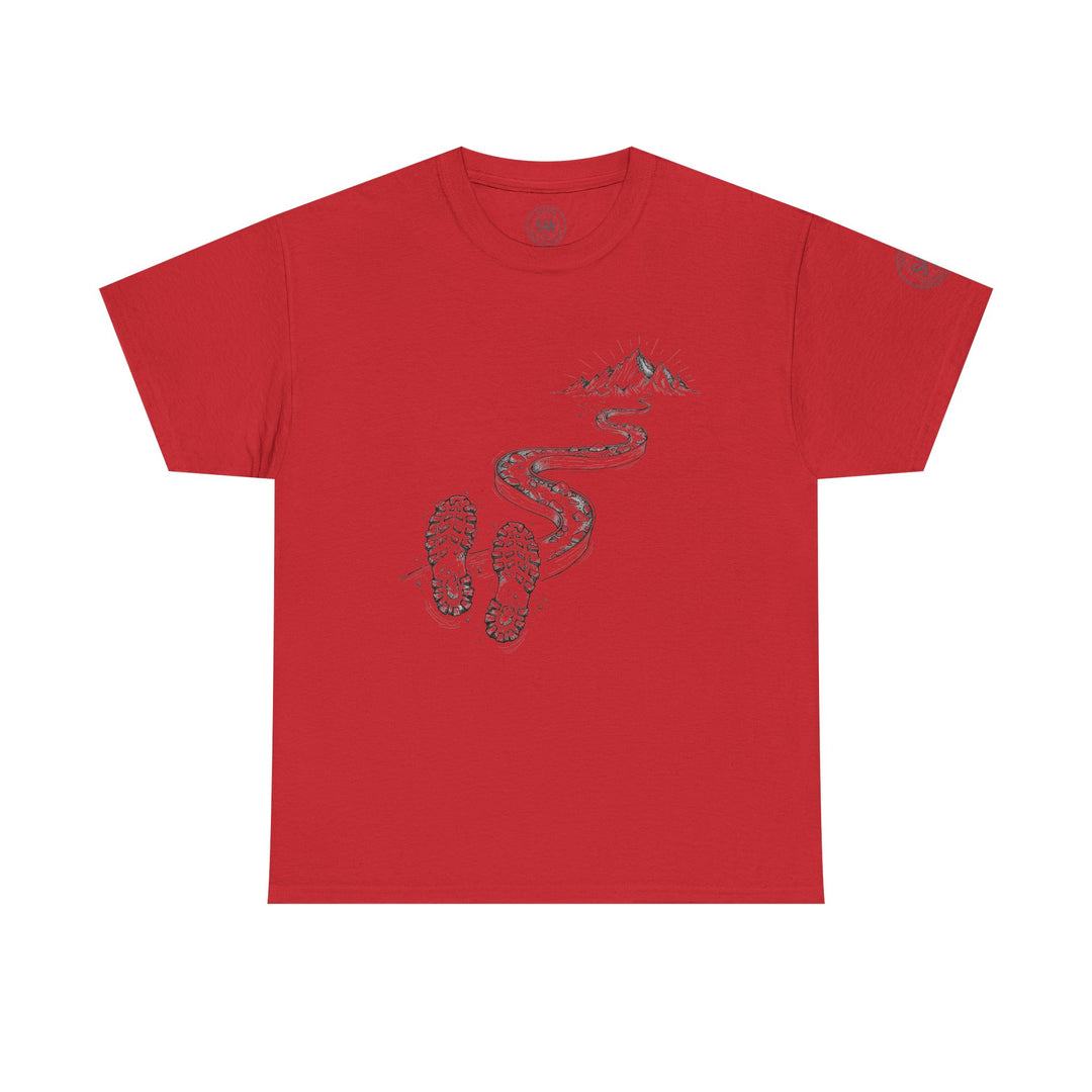 Red t-shirt by S&amp;W Gallus, featuring a mountain trail design with shoe prints.