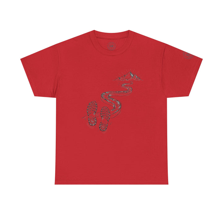 Red t-shirt by S&amp;W Gallus, featuring a mountain trail design with shoe prints.